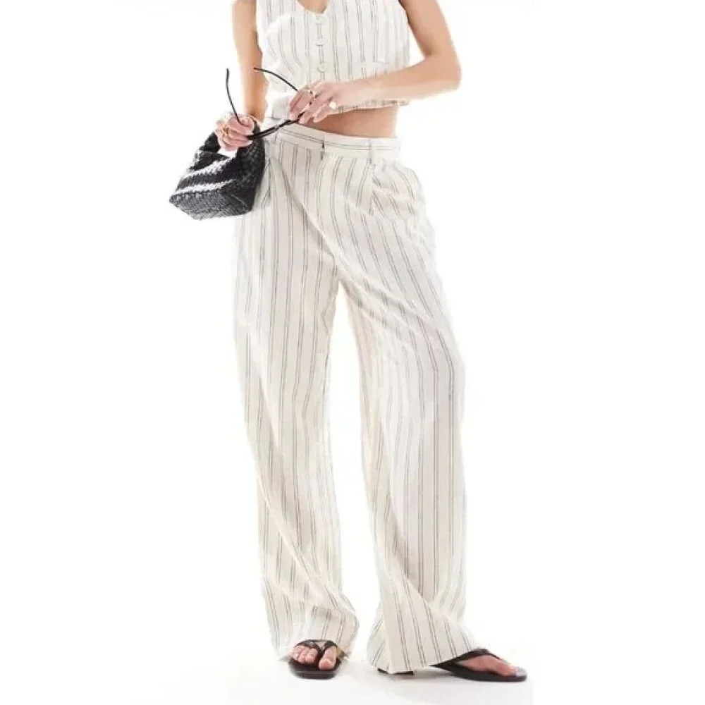 Mango Stripe Linen Mix Pants White/Cream Sz XS NWT